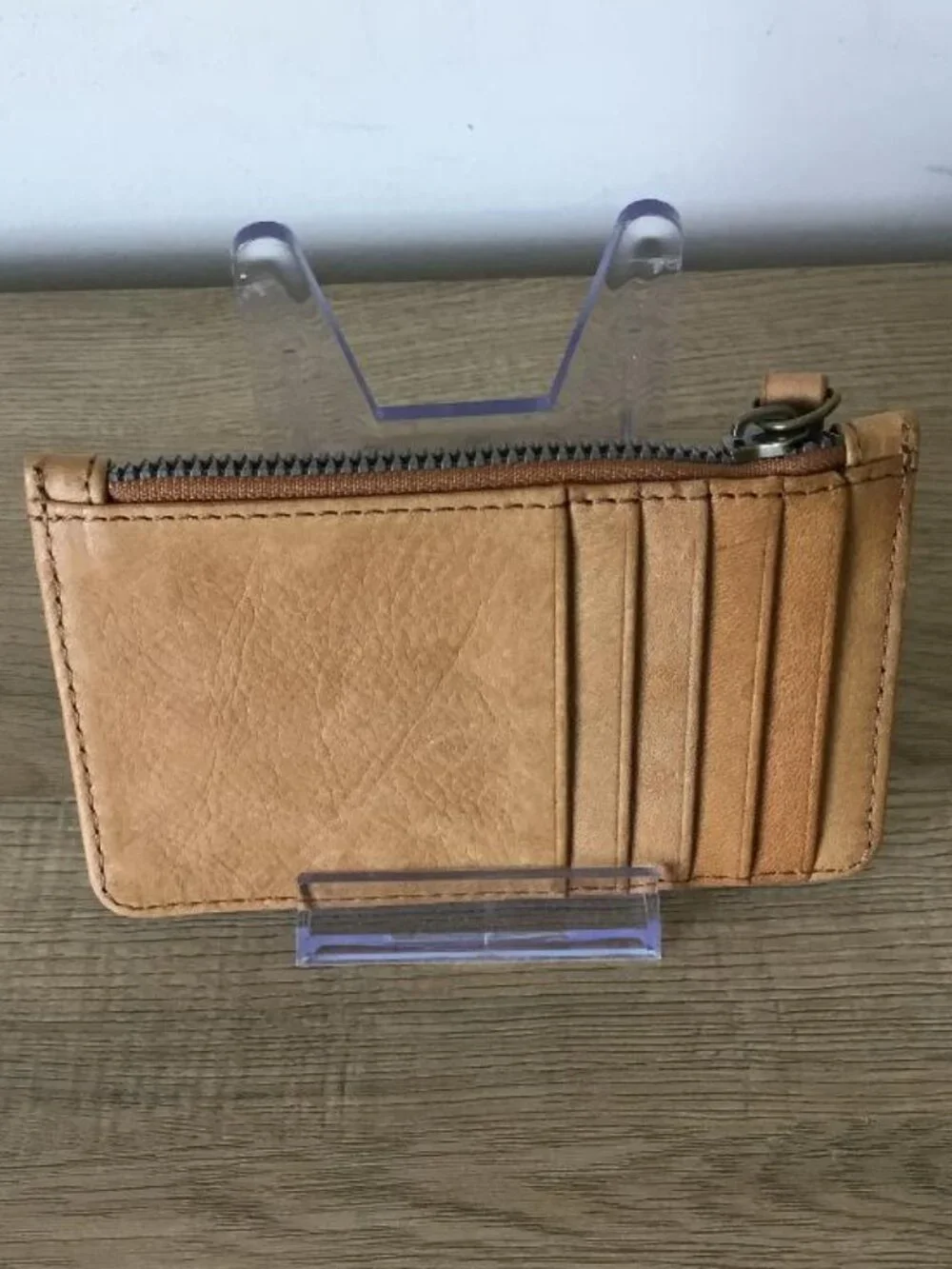 American Leather Co. Tan Genuine Leather Wallet Card Case Zip Closure EUC